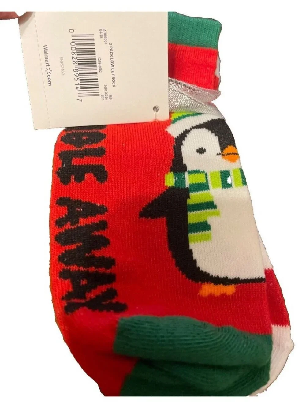 Women Socks Holiday Time 2Pk Low Cut Festive Penguin Stripe Design Shoe Sz 4-10